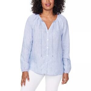 NYDJ Linen Peasant Blouse Size XXS Lightweight Billowy Striped Button Tie Neck